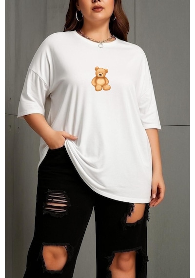 Büyük Beden Ayıcık Baskılı Unisex Tişört Beyaz