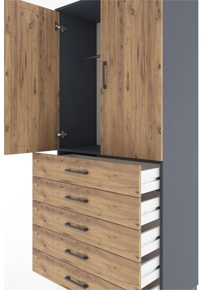 Hyperion Dolap Tek Raflı 5 Çekmeceli Tek Askılı 88x44x195 Antrasit-çam Antrasit