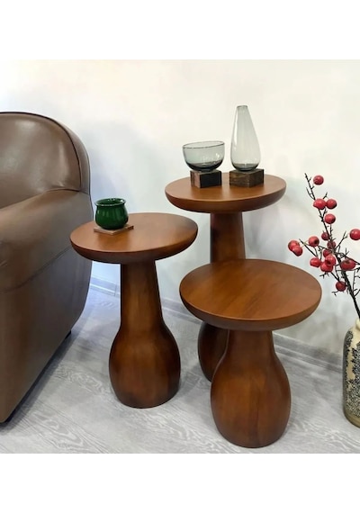Wood Wooden 3 Lü Set Mantar Yan Sehpa Ahşap Modern Ceviz Renk Fiskos Çiçeklik Ceviz