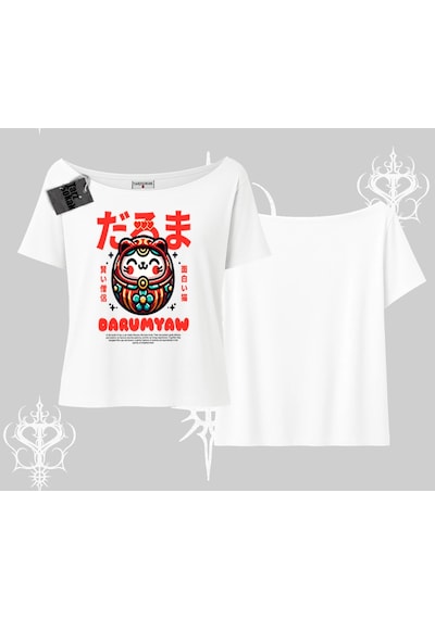 Tarzsokak Kayık Yaka Tshirt Daruma Kedi Anime Baskılı Beyaz