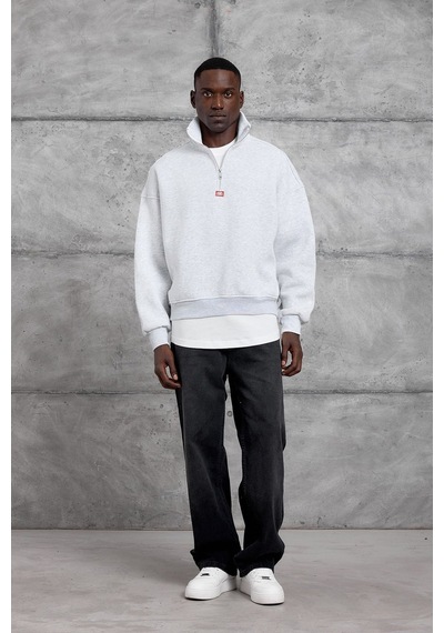 Hiccup Nomarc Bol Kesim Yarım Fermuarlı Uzun Kollu Sweatshirt Açık Gri