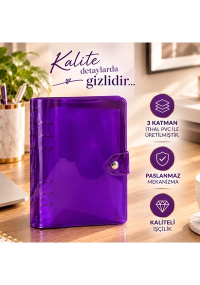 Birikim Ajandası - Birikim Cüzdanı Bütçe Planlayıcı Ajanda Şeffaf Mor Mekanizmalı 5 Adet Fermuarlı Dosya Birikim Kartı Hediyeli Şeffaf - Mor
