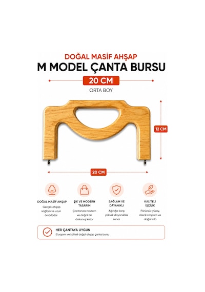 Vollen Yarn Doğal Masif Ahşap M Model Çanta Bursu 20 Cm El Yapımı Çanta Çerçevesi Çanta Aparatı Çanta Aksesuarı Krem