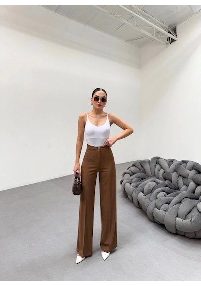 Defymoda 230 Gr Poly Viscose Lycra Metal Düğme Palazzo Pantolon Taba
