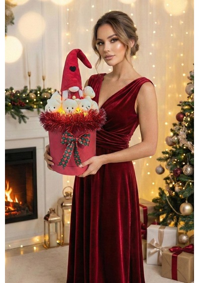 Deluxe 360 Dolu 14 Ayısıyla, Noel Elf Cüce Figürlü Çift Led Işıklı, Özel Konsept Noel Ayıcık Buketi