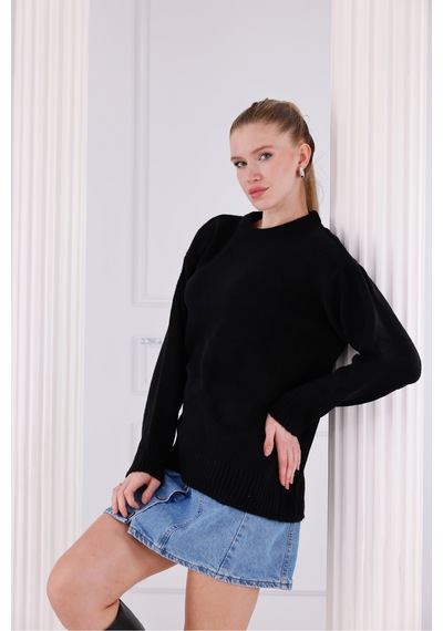 Qscob Bisiklet Yaka Oversize Basic Triko Kazak Siyah