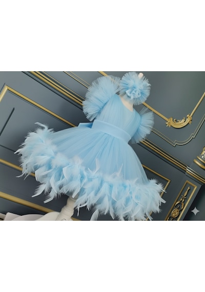 Star Kids Fashion Kız Çocuk Mavi Tüylü Elbise,kız Çocuk Abiye Elbise, Toka Dahil Açık Mavi