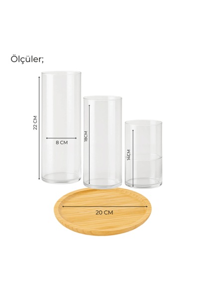 Dekoratif 4'lü Set, Bambu Sunumluk Ve 3'lü Mumluk Seti, Isıya Dayanıklı Borosilikat Cam Mumluklar Ahşap