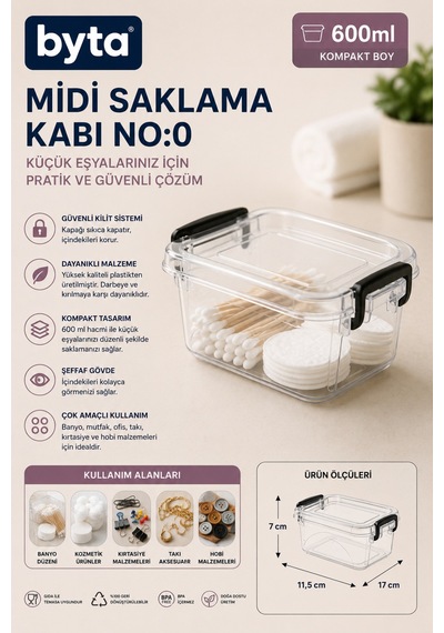 600 Ml Kilitli Kapaklı Şeffaf Çok Amaçlı Saklama Kutusu Mini Organizer Şeffaf