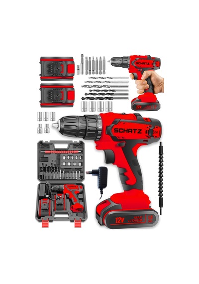 Schatz Pro 12v 1.5 Ah Darbeli Çelik Şanzıman Çift Akülü Bakır Sargılı Şarjlı Vidalama Matkap 24 Pcs Kırmızı -