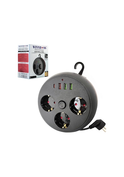 Wınboss 3395 Akım Korumalı Makaralı 2m Kablolu 3 Prizli 3 Usb 1 Type-c Priz 2m