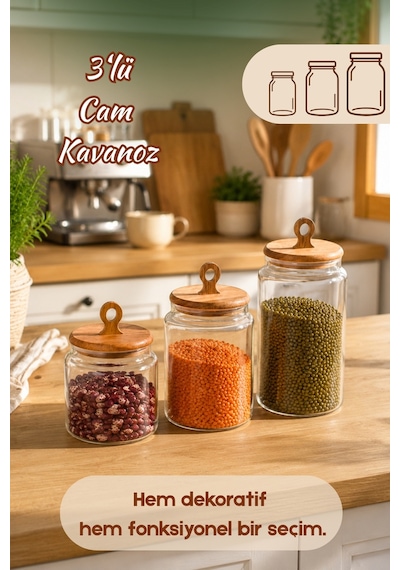 Porsima 4469 Handmade Vakum Kapaklı 3lü Cam Kavanoz Seti Vakum Kapaklı Saklama Düzenleme Kabı Seti Şeffaf