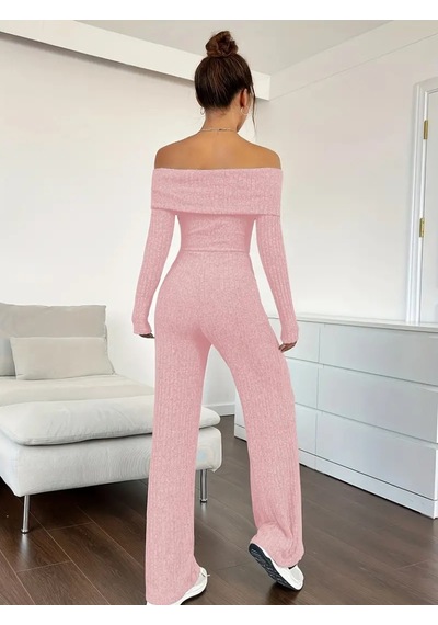 Ge Ticaret Kadın Uzun Kollu Madonna Yaka Şardonlu Kaşkorse Tulum Pembe