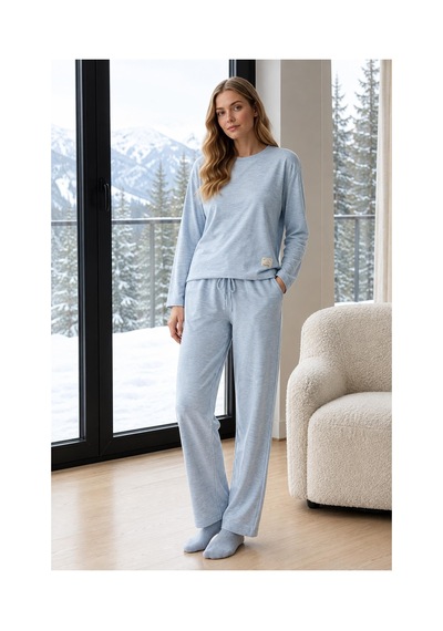 Pijamoni Kadın Bisiklet Yaka Uzun Kol Selanik Kışlık Pijama Takımı 1155-6 - 1 Adet Mavi