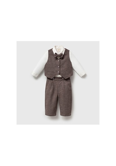 Ministok Erkek Bebek Papyonlu Yelekli Takım 4 Parça Gömlek Yelek Pantolon Kahverengi