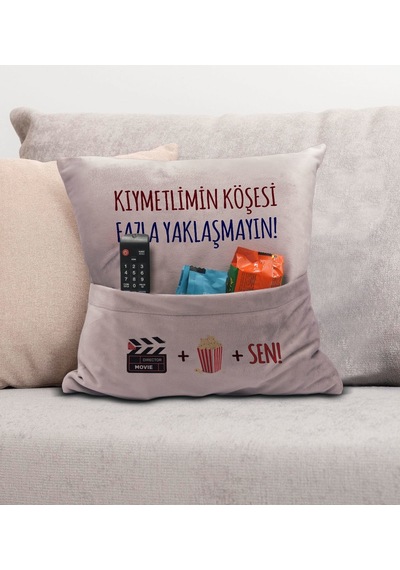 Bk Gift Eğlenceli Tasarımlı Organizer Kumanda Ve Atıştırmalık Cepli Pembe Kırlent Yastık- 9, Ev Dekoru, Ev Hediyesi Sarı