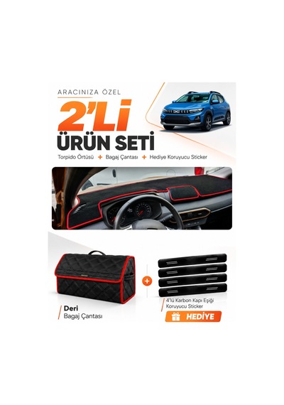 Dacıa Sandero 2022-2026 Ekransız Uyumlu Torpido Örtüsü + Deri Çanta + Sticker - Siyah Kırmızı