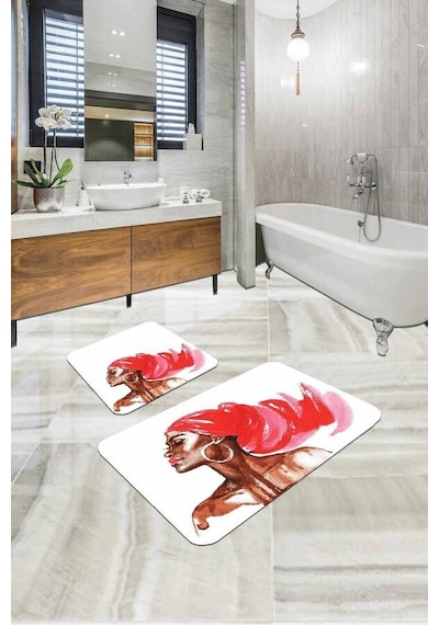 Pembe Etnik Desen Banyo Halısı Klozet 2'li Paspas Seti Bs318n11
