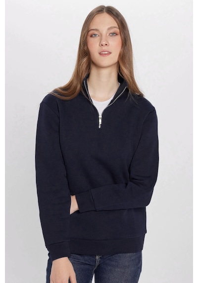 Tudors Unisex Relax Fit Rahat Kesim Pamuklu İçi Polarlı Yarım Fermuarlı Lacivert Dik Yaka Sweatshirt-32669 Lacivert