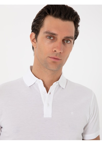 Beyaz Slim Fit Polo Yaka Pamuklu Basic T-shirt