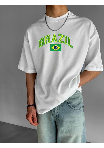 Brazıl Baskılı Oversize Tişört BEYAZ