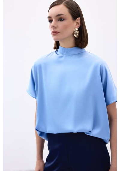 Sateen Yarasa Kol Salaş Bluz - Bebe Mavi-136539 Bebe Mavi