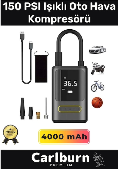 Premium Kablosuz Oto Araç Mini 4000mah Powerbank 150 Psı Işıklı Aydınlatmalı Oto Hava Kompresörü