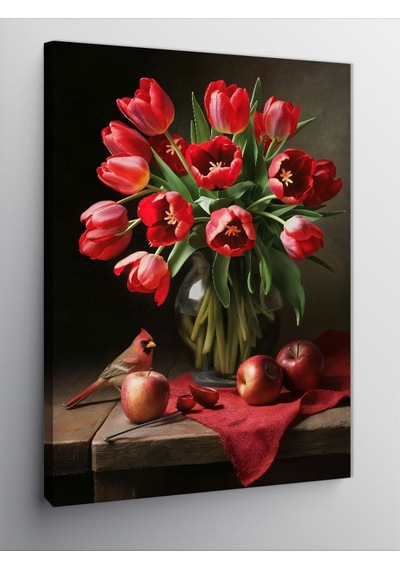 Kanvas Tablo Kırmızı Kuş Ve Çiçekler 50cmx70cm