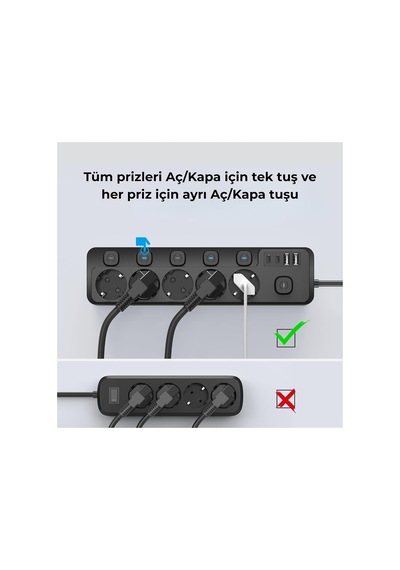Akım Korumalı Çoklu Priz, 2 Adet Usb, 2 Adet Type-c Girişi, 5 Adet Ac Girişi, Hızlı Şarj Desteği, 2m Kablo Uzun 0