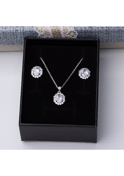 5-8 Mm Oval Zirkon Taşlı 925 Ayar Gümüş Kadın 2'li Set Gümüş