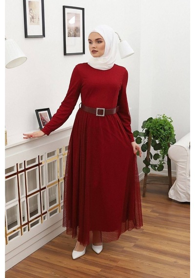 Neşeli Butik Bordo Tesettür Elbise