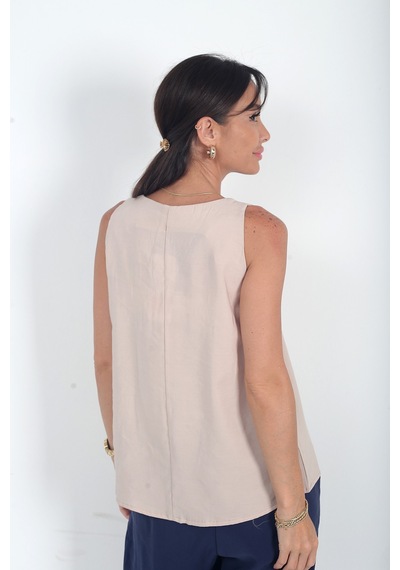 By Saygı Kadın V Yaka Pervazlı İtalyan Cotton Lyocell Bluz Bej