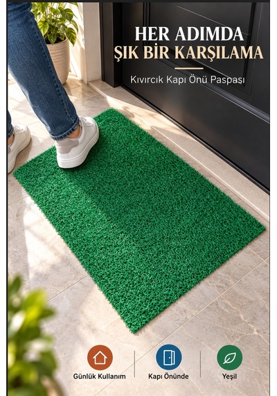 Yeşil Düz Kıvırcık Kapı Önü Paspası 40x60 Cm Kaymaz Taban Dış Kapı Giriş Paspası Pvc