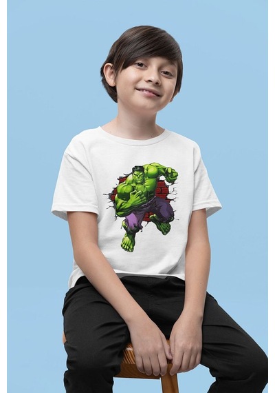 Sevbano Hulk Baskılı Unisex Avengers Film Kahramanı Çocuk Tişört 1-12 Ya Beyaz