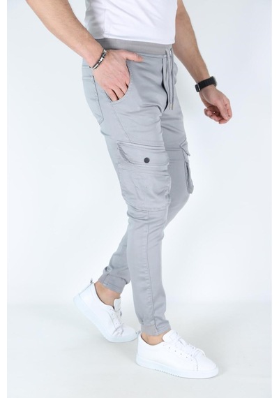 Myrab Denim Erkek Kargo Cepli Paça Bel Lastikli Likralı Kargo Cep Pantolon Gümüş