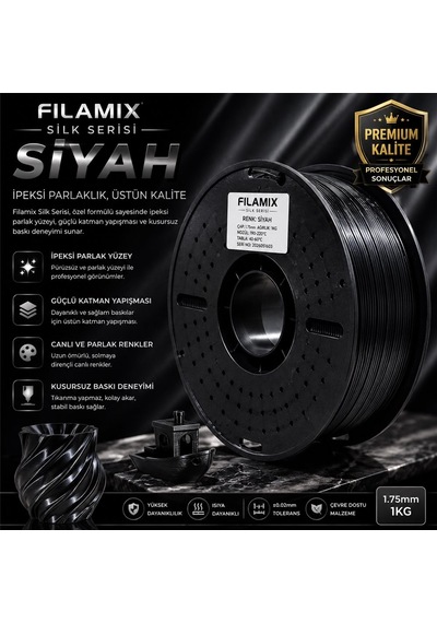 Filamix Silk Siyah Filament 1.75mm 1kg İpeksi Parlak Görünüm