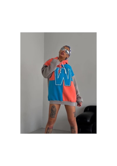 Kadın W Nakış İşlemeli Kapüşonlu 3 İplik Pamuklu Parçalı Sweatshirt Hoodie - Mi Mavi