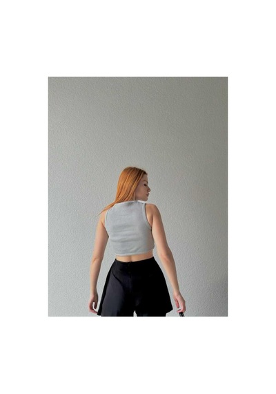 Ckm Moda Mira Yüksek Kalite Kadın Yuvarlak Yaka Bluz Gri