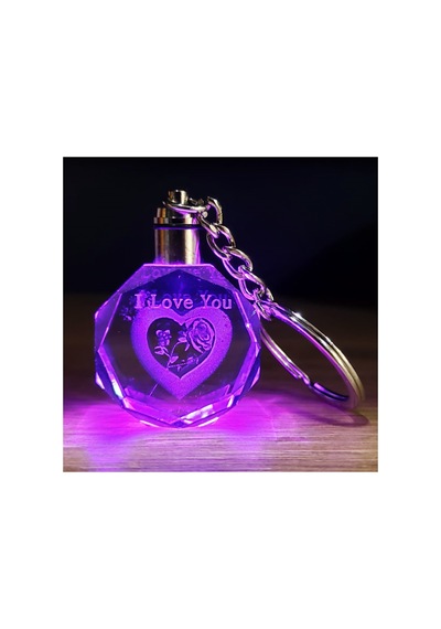 2 Adet Işıklı Kristal Anahtarlık Renk Değiştiren İçinde Gül Ve I Love You Motifi, Led Keychain Hediye