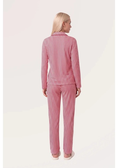 Angbutik Pjs 30144 Kadın Çizgili Uzun Kol Pijama Takımı Kırmızı