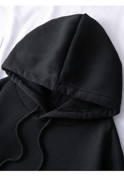 Startmore . Essnce Butterfly Print Kangaroo Pocket Drawstring Lined Hoodie Siyah Siyah
