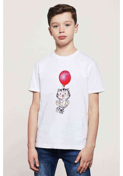 Tshirthane Watercolor Cat Baskılı Unisex Çocuk Beyaz T-Shirt (534798792)