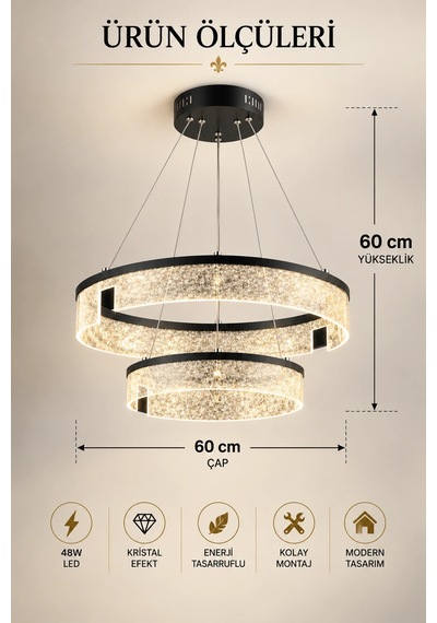 Modern Premium Cam Led Sarkıt Avize Siyah Çift Halkalı Dekoratif Salon Avizesi 48w