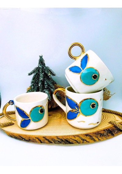 24 Ayar Altın Işlemeli Balık Mug Fish El Yapımı Handmade 330 Ml Beyaz - Çok Renkli
