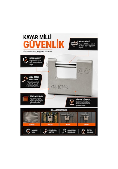 Ym-1070r 70 Mm Kayar Milli Asma Kilit Çelik Gövde Kapı, Zincir Ve Kepenk Kilidi