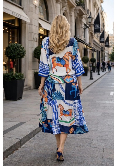 Asprinfashion Kayık Yaka Yarasa Kol Bluz Etek Takım Lacivert