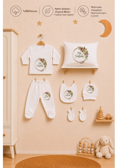 Pia Baby İsme Özel %100 Pamuk Yastık Şapka Önlük Eldiven Zıbın Set Kız Bebek 6 Lı Hastane Çıkışı 1094yz0x Ekru