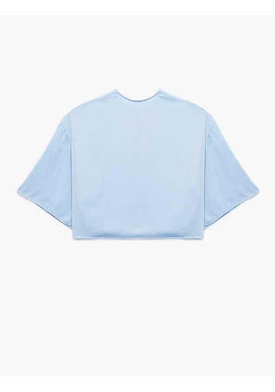 Koton Yuvarlak Bağlamalı Yaka 3/4 Yarasa Kol Oversize Bluz Mavi 5sak60224pw