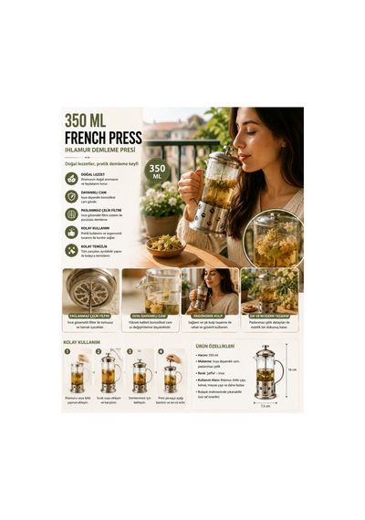 350 Ml French Press Cam Gövdeli Paslanmaz Çelik Filtreli Kahve Ve Bitki Çayı Demleme Presi Gümüş