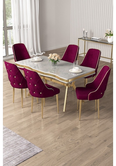 Canisa Vae Serisi 90x160 Lak Panel Beyaz Mermer Desen Gold Ayak Masa Takımı 6 Mürdüm Sandalye Beyaz Mermer Desen Masa Sandalyeler Mürdüm Canisa Vae Serisi 90x160 Lak Panel Beyaz Mermer Desen Gold Ayak Masa Takımı 6 Mürdüm Sandalye Beyaz Mermer Desen Masa Sandalyeler Mürdüm